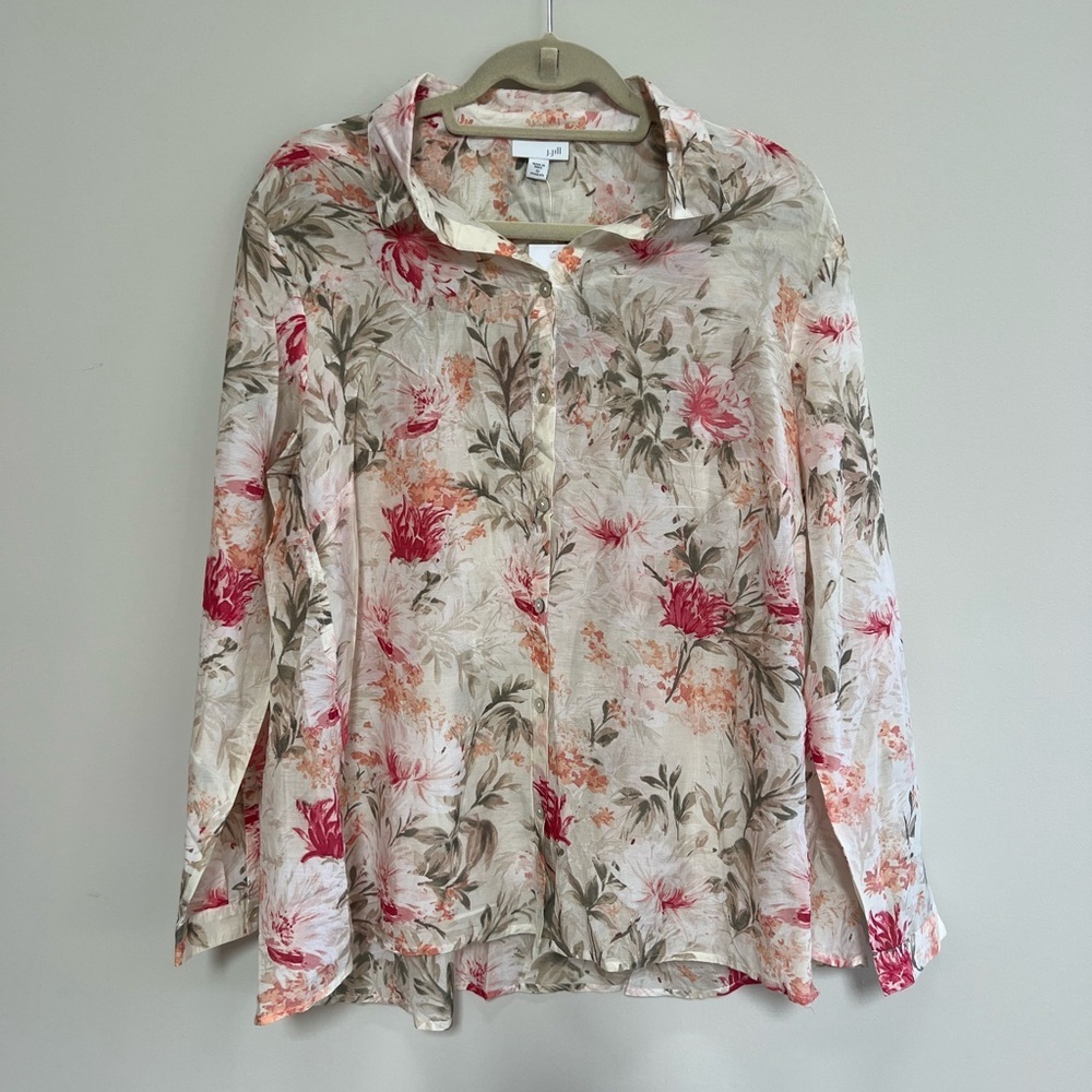 J.Jill NWT Sangria Spring Floral Cotton Silk Long Sleeve Button Down, 1X